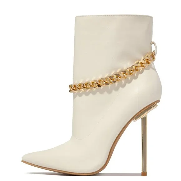 NEW🔥 Cream White Metallic Stiletto Heel Booties Ankle Boot Gold Chain Anklet - Picture 5 of 7